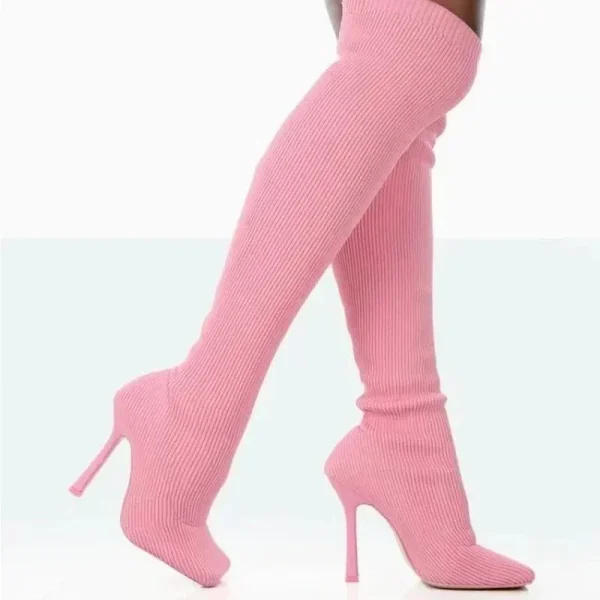 Women Winter Over The Knee Boots Stretch Fabrics High Heel Slip on Shoes - Image 3