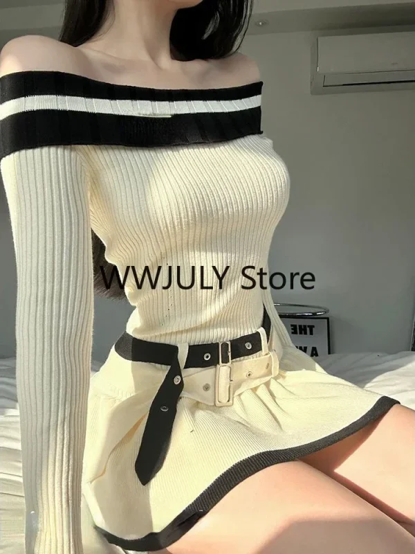 Off Shoulder Sexy Slim Bodycon Dress Casual Knitted  Mini Dress - Image 5