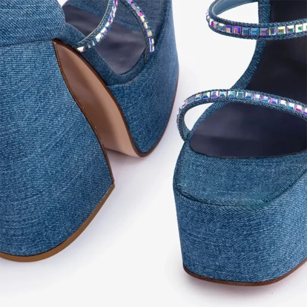 High Heel Sandals Fashion Denim Rhinestone Thick Sole Comfortable Large Women's Sandals - Image 5