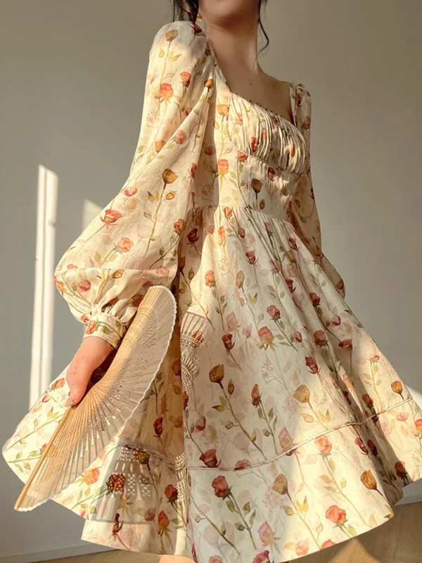 Beach Style Elegant Floral Midi Sundress Woman Long Sleeve Maxi - Image 4