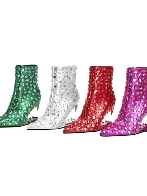 Women’s New Teeth High Heel Short Boots Fashion Shiny Colorful Diamond Pointed