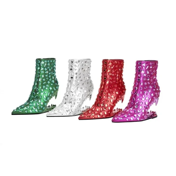 Women's New Teeth High Heel Short Boots Fashion Shiny Colorful Diamond Pointed