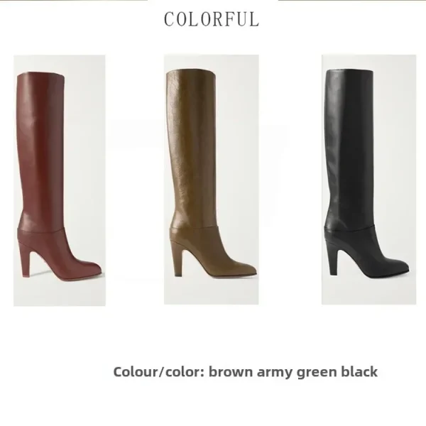 Winter Knee Length Boots, Round Toe Fashionable Leather Slim Fit High Heels - Image 8