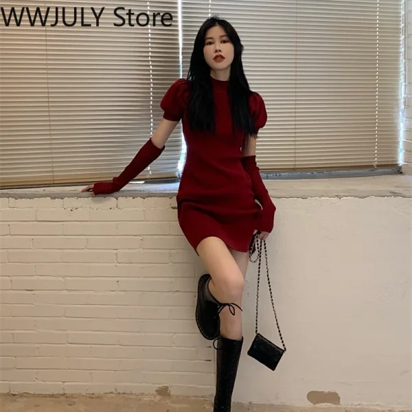 Knitted Bodycon Dress Sexy Puff Sleeve Sweater Mini Dress Women - Image 3