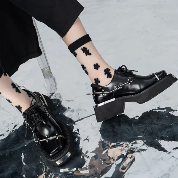 Women's Punk Style Leather Shoes Lace-up Heel Platform Female Gothic Ankle Boots - Image 3