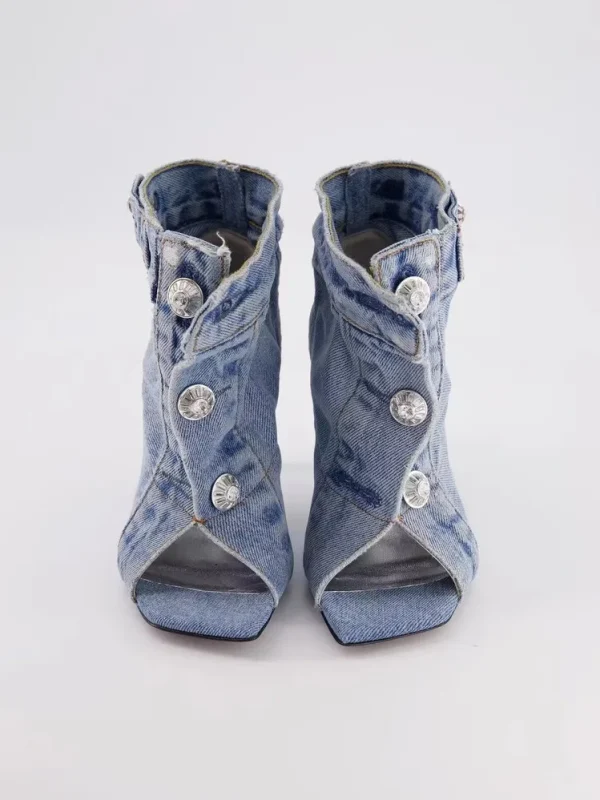 Women's Summer European and American Vintage Denim Slim High Heel Button Sandals - Image 10