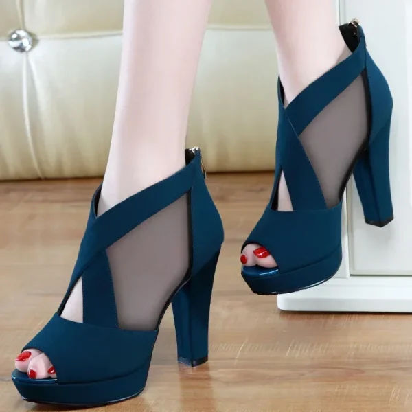 Women High Heel Shoes Mesh Breathable Pumps Zip Pointed Toe Thick Heels Fashion Female Dress Shoes - Image 4