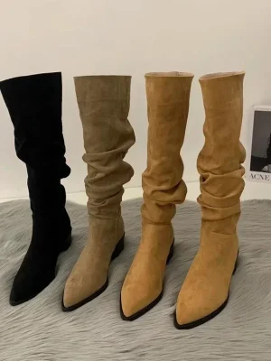 Women Knee High Boots Autumn Winter Female Shoes Fashion Female Slip-on Folds Low Heel Round Toe