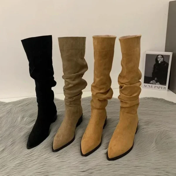 Women Knee High Boots Autumn Winter Female Shoes Fashion Female Slip-on Folds Low Heel Round Toe