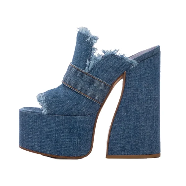 Denim Fabric Thick High Heel Sandals Summer Platform Large Women's Outdoor Fashion Slippers - Image 5