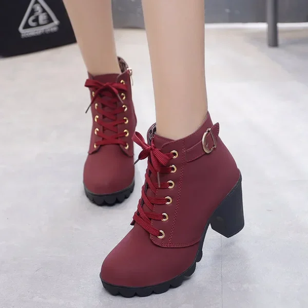 Winter Women Pumps Boots High Quality Lace-up European Ladies Shoes PU High Heels Boots - Image 5