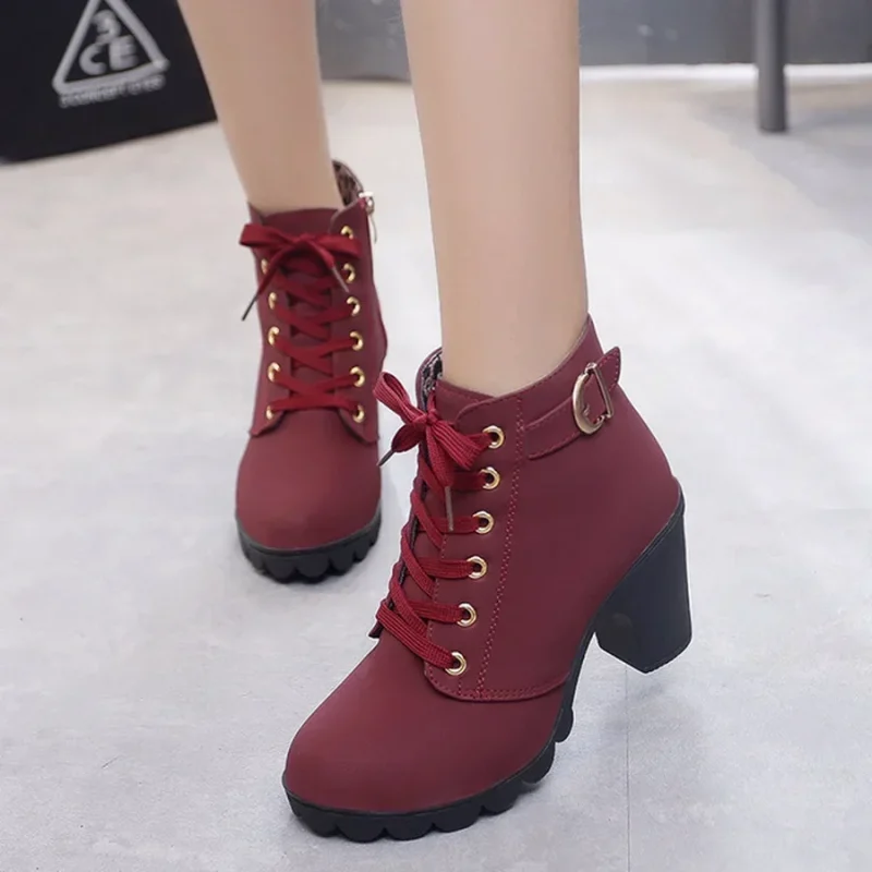 Winter Women Pumps Boots High Quality Lace-up European Ladies Shoes PU High Heels Boots - Image 11