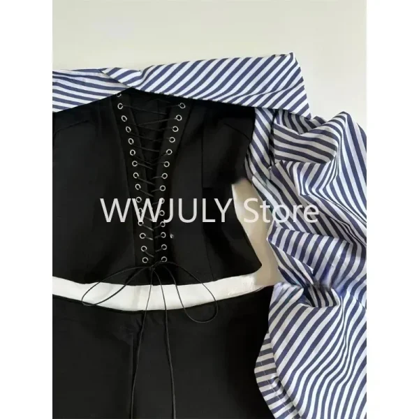 Sweet Hot Girl Sexy Suit Women Autumn Striped Bubble Sleeve Off Shoulder Top - Image 3