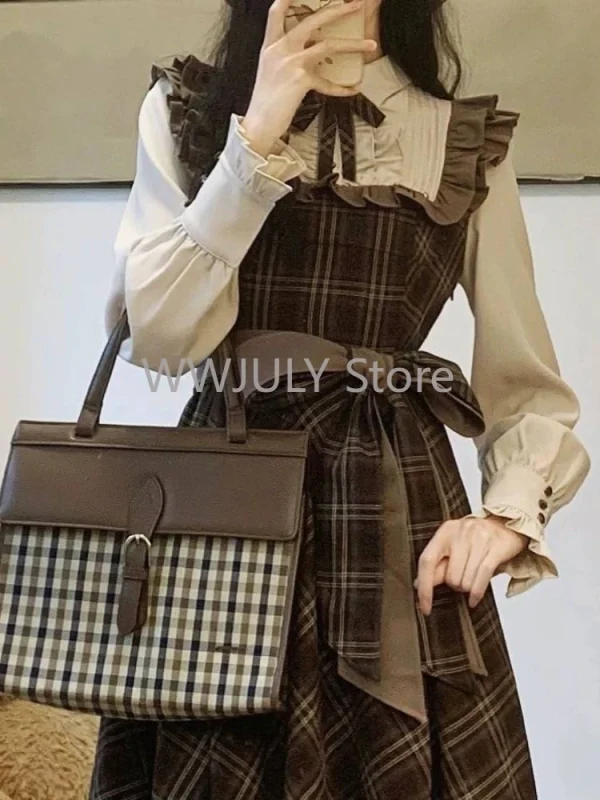 Autumn Winter Fake Two Piece Spliced Long Sleeve Plaid Dress - Image 7