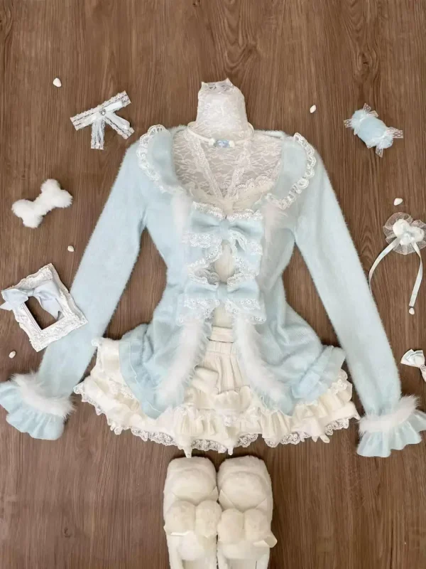 Sweet Lolita Three Piece Sets Lace Bow Plush Cardigan - Image 2