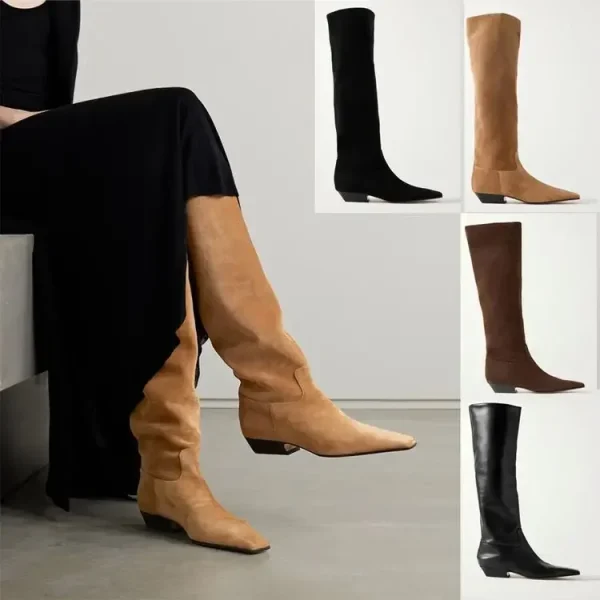 Knee High Women's Boots Autumn and Winter Square Toe Leather Fashionable