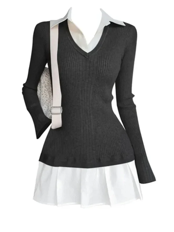 Preppy Style Fake Two Pieces Mini Knitted Shirts Dress Women - Image 3