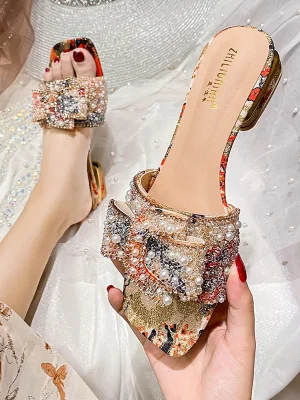 Coarse Sandals, Women’s Summer Outside Wear Fashion Flat Women’s Rhinestone Sandals