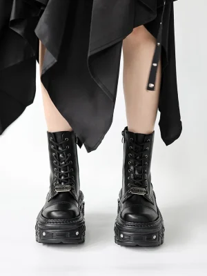 Women Platform Ankle Boots Female’s Rock Round Toe Lace Up Fashion