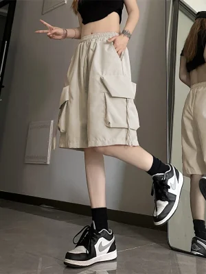 Cargo Shorts Women Harajuku Black Oversized Wide Leg Shorts Summer