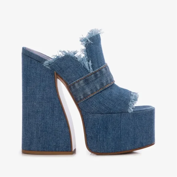 Denim Fabric Thick High Heel Sandals Summer Platform Large Women's Outdoor Fashion Slippers - Image 2