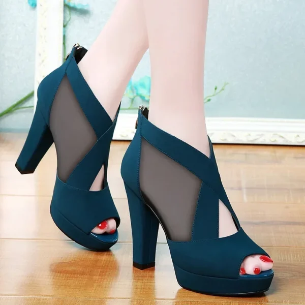 Women High Heel Shoes Mesh Breathable Pumps Zip Pointed Toe Thick Heels Fashion Female Dress Shoes - Image 2