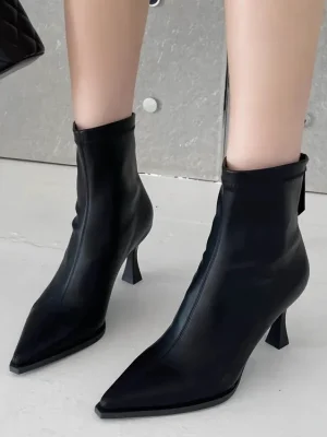 High Heels Dress Shoes Pointed Toe Bare Boots Black Booties