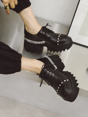 Women’s Spring Punk Ankle Boots Lace-up Pumps Medium Heel Platform Rock Female Shoes