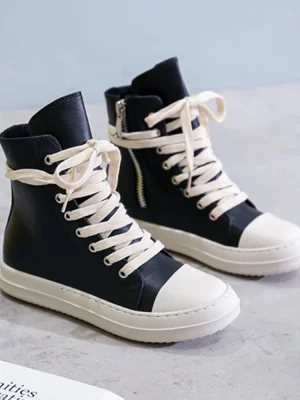 Men’s Shoes Thick Shoelace Fashion High Top Platform Black Leather Casual Women’s