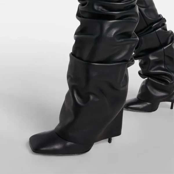 Women's Knee Length Pleated Skirt Boots, Square Toe Slim High Heels, Autumn and Winter Oversized Boots - Image 4