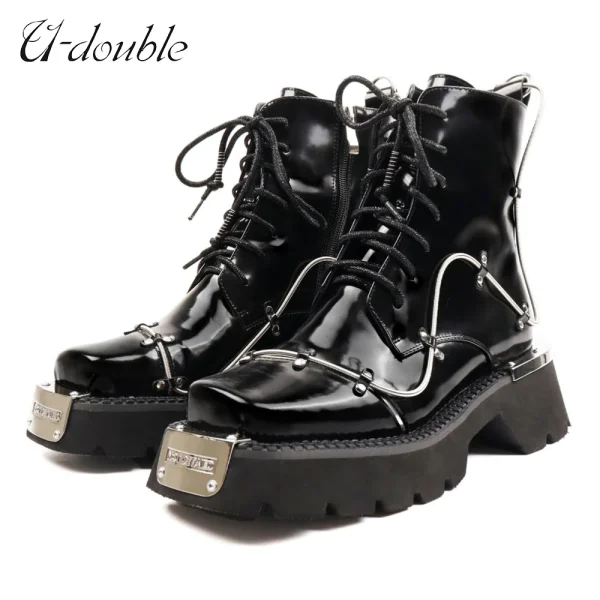 Lace Up Metal Boots Square Toe Increasing Height Spring Cross Tied Ankle Women Booties - Image 10