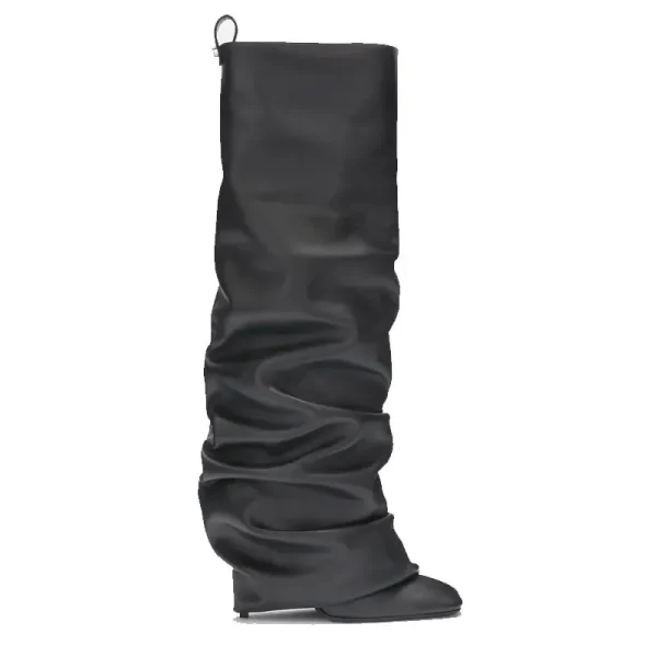 Women's Knee Length Pleated Skirt Boots, Square Toe Slim High Heels, Autumn and Winter Oversized Boots - Image 5