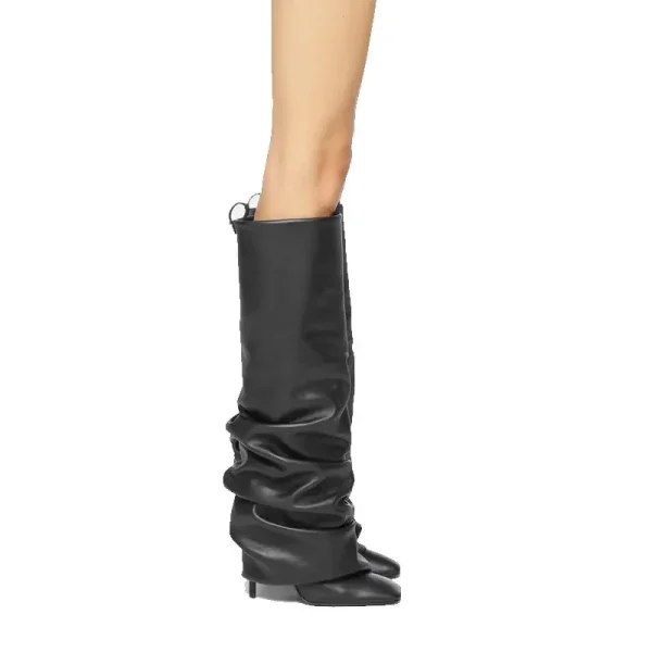 Women's Knee Length Pleated Skirt Boots, Square Toe Slim High Heels, Autumn and Winter Oversized Boots - Image 3