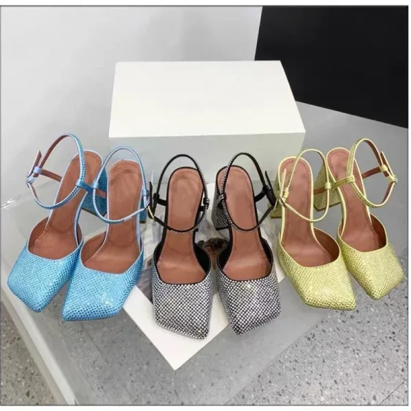 Women's Water Diamond Sandals Square Head Thick High Heels Banquet Party Fashion Women's Sexy Sandals