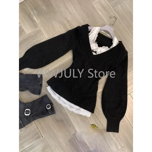 Women 2000s Aesthetic Gyaru Chic Korean Y2k Two Piece Sets Jumper Sweater - Image 2