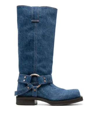 Women’s New Thick Heel Knee Long Boots Western Style Denim Mid Sleeve Boots Square Head