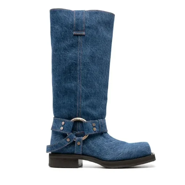 Women's New Thick Heel Knee Long Boots Western Style Denim Mid Sleeve Boots Square Head