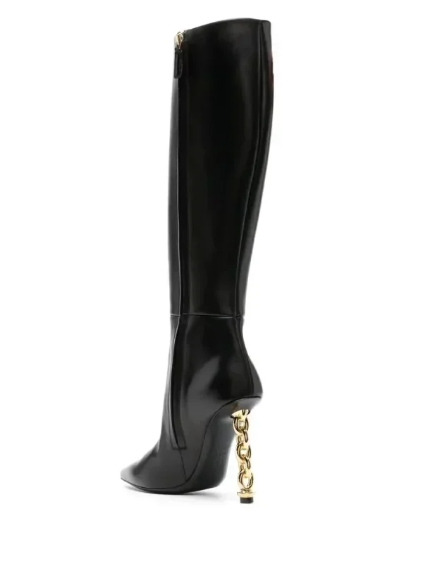 Women's New Black Chain Heel Knee Length Women's Boots Fashion Slim High Heel Pointed Side Zipper - Image 3