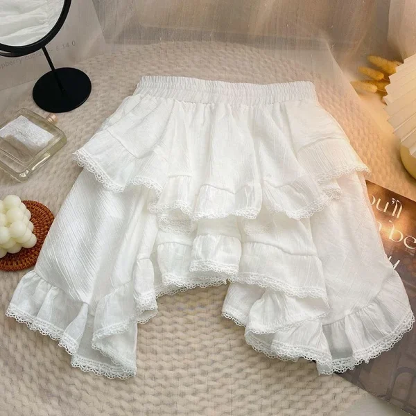 Elastic Waist White Black Irregular Mini Kawaii Skirt Japanese Style - Image 2