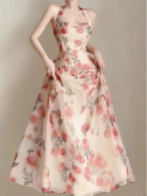 Floral Midi Dress Woman French Elegant Even Party Dress Office Lady