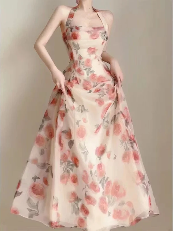 Floral Midi Dress Woman French Elegant Even Party Dress Office Lady