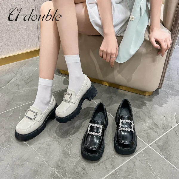 Women Genuine Leather Pumps Loafers Shoes Platform Slip-On Square Buckle - Image 4