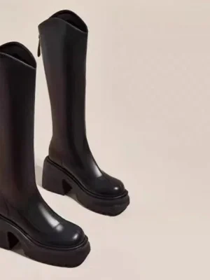 Fashion Women Boots Soft Leather Knee High Boots Women Zipper Female Square Heel