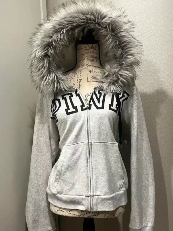 Zippers Hoodies Women Coat Casual Gray Femme Korean Fur