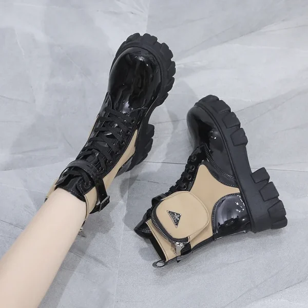 Women Boots New in Motorcycle Ankle Boots Wedges Female Lace Up Platforms - Image 4