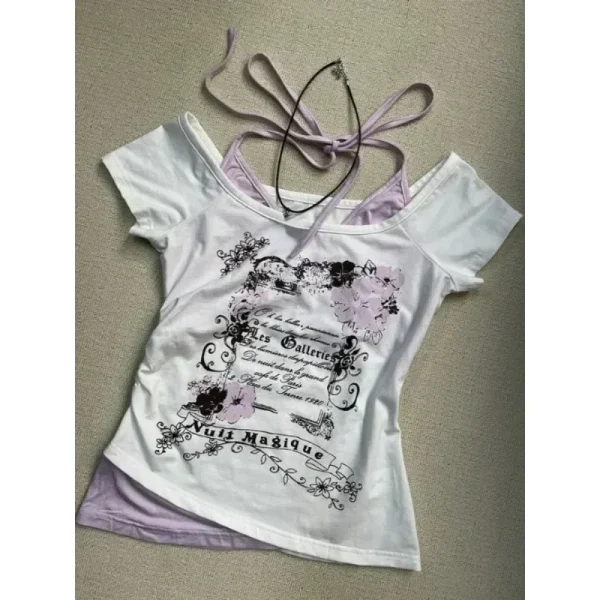 Summer Fake Two Pieces Halter Bandage Vintage T-shirts - Image 5