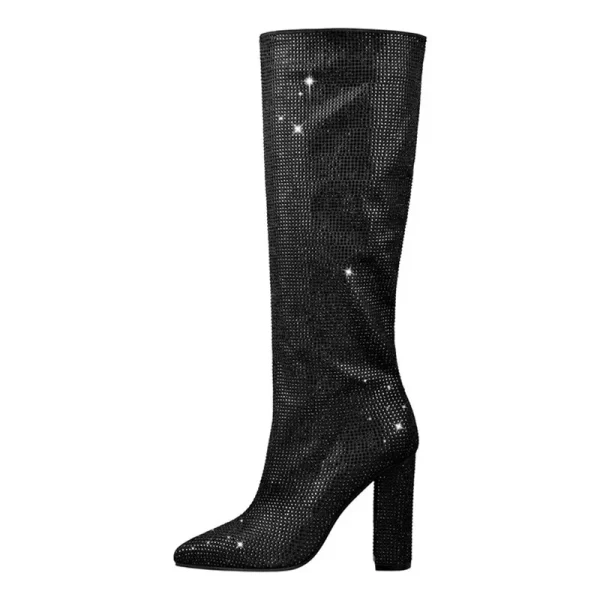 Women's New Rhinestone Shinning Knee High Women's Boots Thick High Heel - Image 4