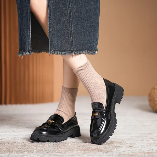 Women Loafers Chunky Genuine Leather Vintage Platform Shoes High Heels Ladies