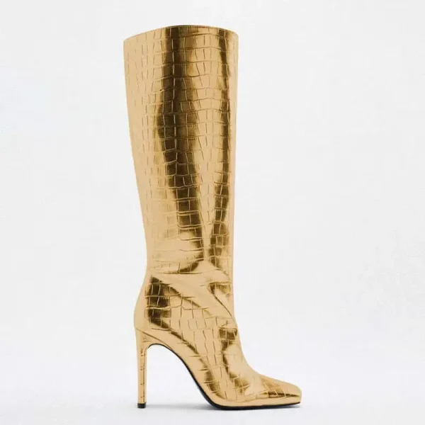 American New Autumn and Winter Gold Women's Boots Fashion Square Head Knee - Image 3