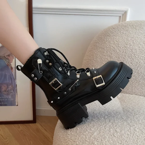 Women's Rivet Chain Design Short Boots Gothic Shoes Street Fashion Lady Rock Boots - Image 3